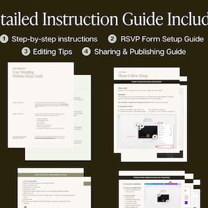 May include: A detailed instruction guide for a wedding website setup, featuring four sections: step-by-step instructions, an RSVP form setup guide, editing tips, and a sharing and publishing guide. The document includes text, screenshots, and numbered lists.