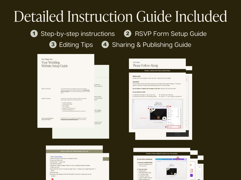 May include: A detailed instruction guide for a wedding website setup, featuring four sections: step-by-step instructions, an RSVP form setup guide, editing tips, and a sharing and publishing guide. The document includes text, screenshots, and numbered lists.