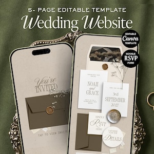 Peut inclure: Un modèle de site web de mariage modifiable de 5 pages affiché sur deux écrans de smartphone. Le design présente une enveloppe brune avec un sceau de cire, des cartes blanches avec du texte incluant Noah et Grace, 3 septembre 2027, et RSVP, plus deux anneaux dorés.