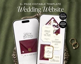 Burgundy & Gold Wedding Website Template | Elegant Canva Invitation with RSVP + Registry (Digital Download)