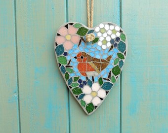 Hedgerow Robin Mosaic Hanging Heart Garden Yard Decoration