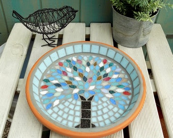 Winter Jewel Tree Mosaic Birdbath -  Garden Ornament, Yard Decoration