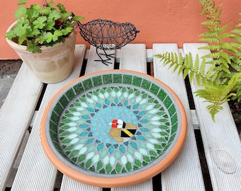 Goldfinch Feathered Friend Mosaic Garden Bird Bath Yard Decoration Ornament Water Dish Saucer