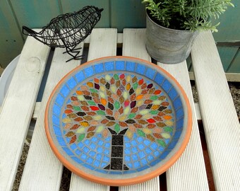 Mosaic Birdbath Autumn Jewel Tree - Handmade Garden Decor, Wildlife Water Dish