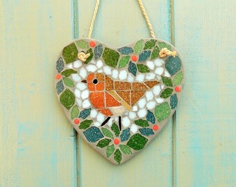 Robin Mosaic Berry Wreath Heart Hanging Garden Ornament Decoration