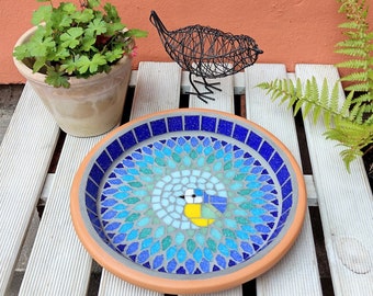 Bluetit Feathered Friend Mosaic Garden Bird Bath Yard Decoration Ornament Water Dish Saucer