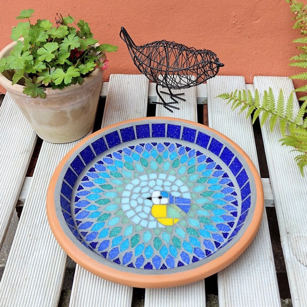Mosaic Bird Bath - Bluetit Feathered Friend - Garden Decor, Yard Decoration
