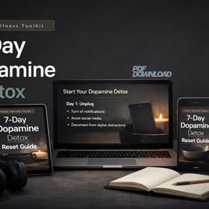May include: A digital wellness toolkit with the title "7-Day Dopamine Detox" displayed on a laptop, tablet, and smartphone. The image includes a pair of headphones, an open notebook, and a pen. The laptop screen shows instructions for the detox.