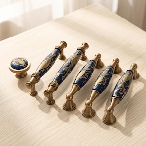 Blue Gold Ceramic Cabinet Handles and Knobs Lotus Drawer Pulls Antique Brass Furniture Hardware Kitchen Wardrobe Dresser Cupboard Handles
