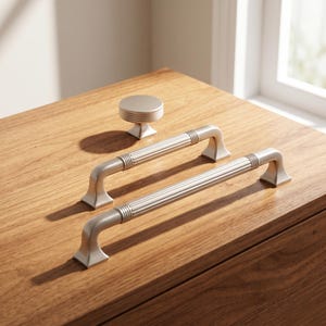May include: Two silver-toned metal drawer pulls and one matching round cabinet knob. Each handle features a central ribbed cylindrical bar with smooth, flared ends. The knob has a circular top with horizontal ridges and a square base.