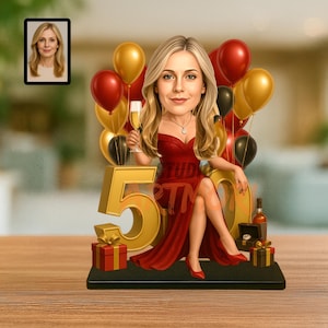 May include: A personalized 50th birthday caricature featuring a woman in a red dress, holding a champagne glass, with balloons and gifts. The figure is set against a gold '50' backdrop, with a framed portrait in the upper left corner.