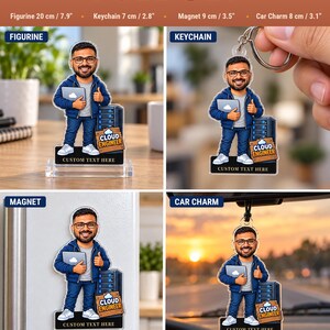 Acrylic full set of the custom cloud engineer caricature: figurine, keychain, fridge magnet and car charm, four matching pieces made from one photo.