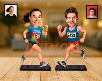 Caricatura personalizzata di un maratoneta da una foto - Regalo personalizzato con statuetta in legno raffigurante un corridore, divertente e grazioso ornamento da scrivania