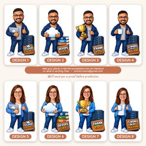 Design selection chart with eight cloud engineer caricature designs numbered Design 1 to Design 8, four male and four female cloud engineer scenes.