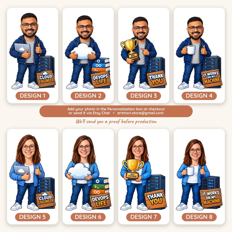 Design selection chart with eight cloud engineer caricature designs numbered Design 1 to Design 8, four male and four female cloud engineer scenes.