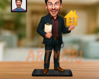 Gepersonaliseerde makelaar cadeau Custom makelaar karikatuur beeldje van foto nieuwe licentie sluiting of makelaar afstudeercadeau