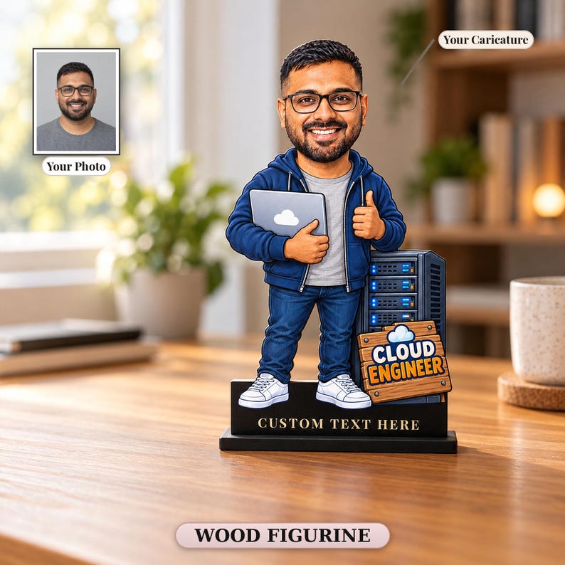 Custom cloud engineer caricature wood figurine made from a photo, holding a laptop beside a server rack, standing on a flat black base on a desk next to the customer's original photo.