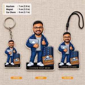 Acrylic 3 piece set of the custom cloud engineer caricature laid flat: keychain 7 cm (2.8 in), magnet 9 cm (3.5 in) and car charm 8 cm (3.1 in).