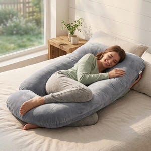 May include: A woman is resting on a large, U-shaped gray body pillow on a bed. The pillow is designed to support the body. The woman is wearing a light green long-sleeved shirt and gray sweatpants. The bed has a neutral-colored comforter.