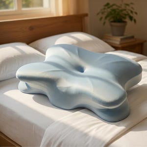 Peut inclure: Un oreiller bleu clair de forme particulière, conçu pour le soutien du cou et des épaules. L'oreiller est en matière souple et repose sur un lit blanc. Ses dimensions sont d'environ 61 cm de long sur 41 cm de large. Un fond de lit en bois est visible.