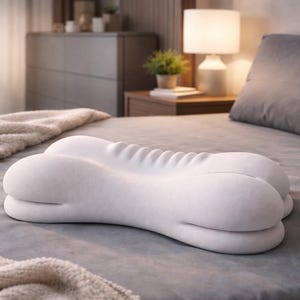 May include: A white orthopedic pillow with a distinctive shape, designed for neck and shoulder support. The pillow features a contoured design with ridges along the top. It rests on a bed with a grey comforter, suggesting a focus on sleep and comfort.