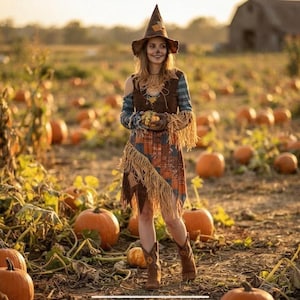 Peut inclure: Un costume de type épouvantail composé d'un chapeau pointu marron, d'un corsage marron sans manches avec des lacets et d'une chemise à manches longues à carreaux bleus. La jupe présente un motif patchwork avec des franges et des détails en paille.