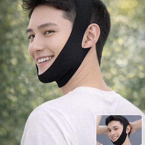 Peut inclure: Un bandeau de soutien facial noir porté par une personne. La sangle s'enroule autour du menton et de la tête. La personne porte un t-shirt blanc et sourit. Une petite image insérée montre la même sangle.