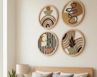 Boho träväggkonstset – Minimalistisk skandinavisk inredning för vardagsrum, sovrum och kontor