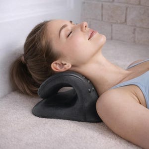 Peut inclure: Un oreiller de soutien cervical noir avec un design incurvé et de petits nœuds surélevés. L'oreiller est utilisé par une personne allongée, les yeux fermés. La personne porte un haut bleu clair.