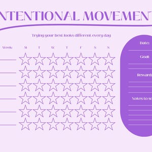 Puede incluir: Un rastreador de hábitos de color lila con las palabras "INTENTIONAL MOVEMENT" en la parte superior. El rastreador incluye un calendario semanal con iconos de estrellas y espacio para metas, recompensas y notas. También se incluye el texto "Trying your best looks different, every day".