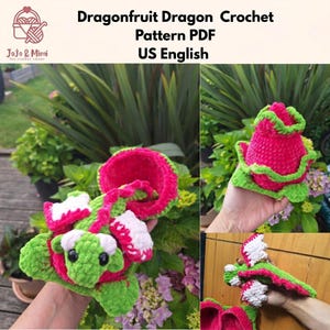 May include: A crochet dragon toy inspired by a dragonfruit, featuring a bright pink body with green scales, white wings, and black eyes. The text at the top reads Dragonfruit Dragon Crochet Pattern PDF US English with a logo for Jojo & Mimi.