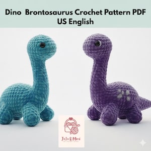 May include: Two crocheted Brontosaurus dinosaurs, one teal and one purple, are displayed. The teal dinosaur is on the left, and the purple dinosaur is on the right. The text "Dino Brontosaurus Crochet Pattern PDF US English" is at the top.