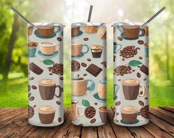 Coffee Seamless Background For 20oz Skinny Tumbler Sublimation Drink Tumbler Coffee Nut Coffee Tumbler PNG Sublimation Gift For Coffee Lover
