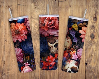 Dark Flowers Skull 20oz Skinny Tumbler Sublimation Skeleton Skull Seamless Floral Skull Tumbler Gift For Skull Lovers Flowers Lovers