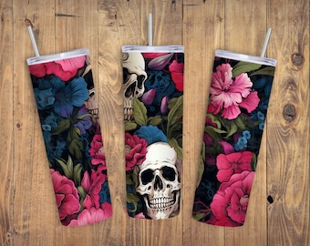 Dark Flowers Skull 20oz Skinny Tumbler Sublimation Skeleton Skull Seamless Floral Skull Tumbler Gift For Skull Lovers Flowers Lovers