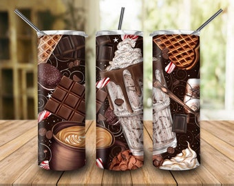 Food Seamless Background For 20 oz Skinny Tumbler Sublimation Chocolate Tumbler PNG Sublimation Gift For Chocolate Lovers Valentine Tumbler