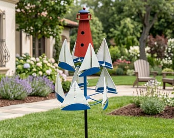 Metal Sailboat Wind Spinner, Nautical Garden Stake Decor, Lighthouse Yard Art, Outdoor Kinetic Lawn Ornament