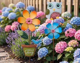 Metall Blumen Gartenstecker, Sonnenblume Wind Spinner Einsatz, Eule Gartenstecker Dekor, Outdoor Yard Art, Hinterhof Terrasse Dekor