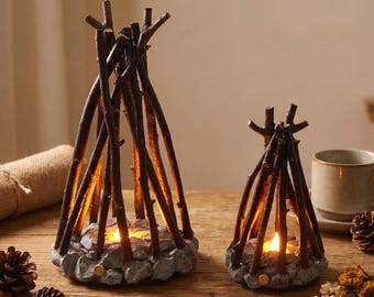 Handmade Branch LED Campfire Lamp, Faux Fire Tabletop Night Light, Rustic Cabin Home Decor, Cozy Camping Theme Desk Centerpiece Gift