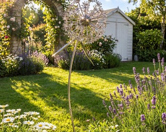 Löwenzahn-Gartenstecker, Blumen-Gartendeko aus Metall, Gartendekoration für den Außenbereich, silberne Gartenskulptur, Rasenornament für den Hinterhof, Akzent für den Bauerngarten