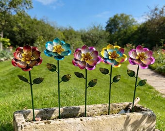 Colorful Metal Flower Garden Stake, Metal Flower Yard Art, Outdoor Lawn Ornament, Flower Bed Plant Stake for Patio Decor