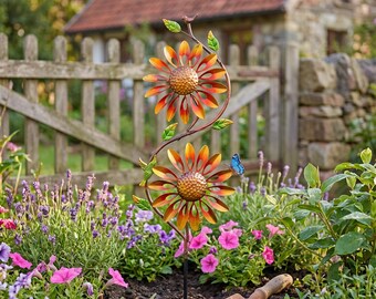Metal Sunflower Wind Spinner, Outdoor Garden Stake Decor, Rustic Yard Art Sculpture, Kinetic Flower Lawn Ornament for Patio Decor