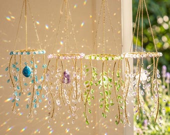 Crystal Hanging Mobile, Gemstone Chandelier, Boho Window Decor, Rainbow Sun Catcher, Bohemian Wall Hanging, Chakra Crystal Decor