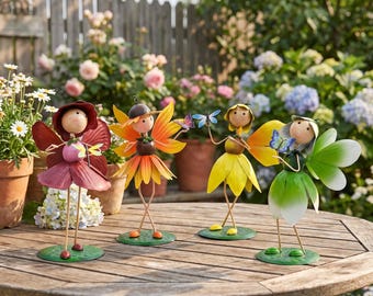 Blumenfeen-Gartenstecker, Feenfiguren aus Metall, verspielte Terrassendekoration, Pflanzgefäße für den Landhausgarten, handgefertigte Gartenaccessoires, Geschenkset