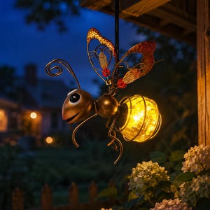 May include: A hanging insect-shaped garden light with a metallic bronze head and body. The wings feature wire frames with red and gold accents. The abdomen is a spherical, textured glass globe that emits a warm yellow glow from an internal light source.