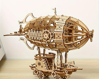 Mechanical 3D Wooden Airship Model Kit: Steampunk Building Brain Teaser Craft (14+)