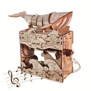 Wooden Whale Music Box Kit – 3D Moving Sea Creature Puzzle, Laser-Cut Wood Craft