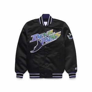 May include: Black satin jacket with the words "Devil Rays" in a gradient of blue, purple, and yellow. The jacket has a purple collar and cuffs with white and purple stripes. A logo of a stingray is on the front.
