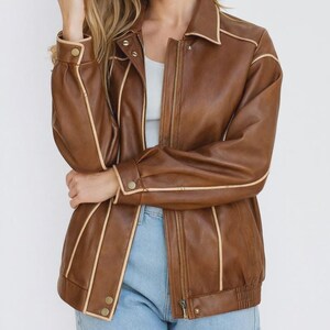 Women’s Handmade Genuine Leather Jacket in Brown – Classic Casual Style Outerwear Coat