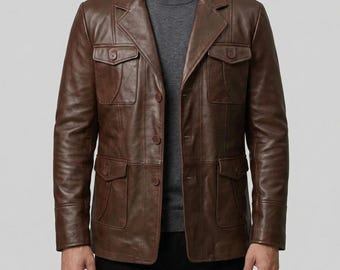 Men's Brown Lambskin Leather Blazer | Genuine Leather 3 Button Sport Coat | Classic Formal Casual Office Wedding Jacket